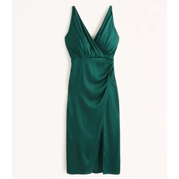 Abercrombie & Fitch A&F Satin Green Draped Wrap Midi Dress Large Petite - Picture 3 of 12